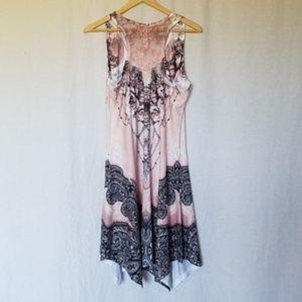 Pretty Angel BOHO Tank Dress Womens L Pink Paisley Lace Back Rhinestone Uneven - Picture 5 of 8